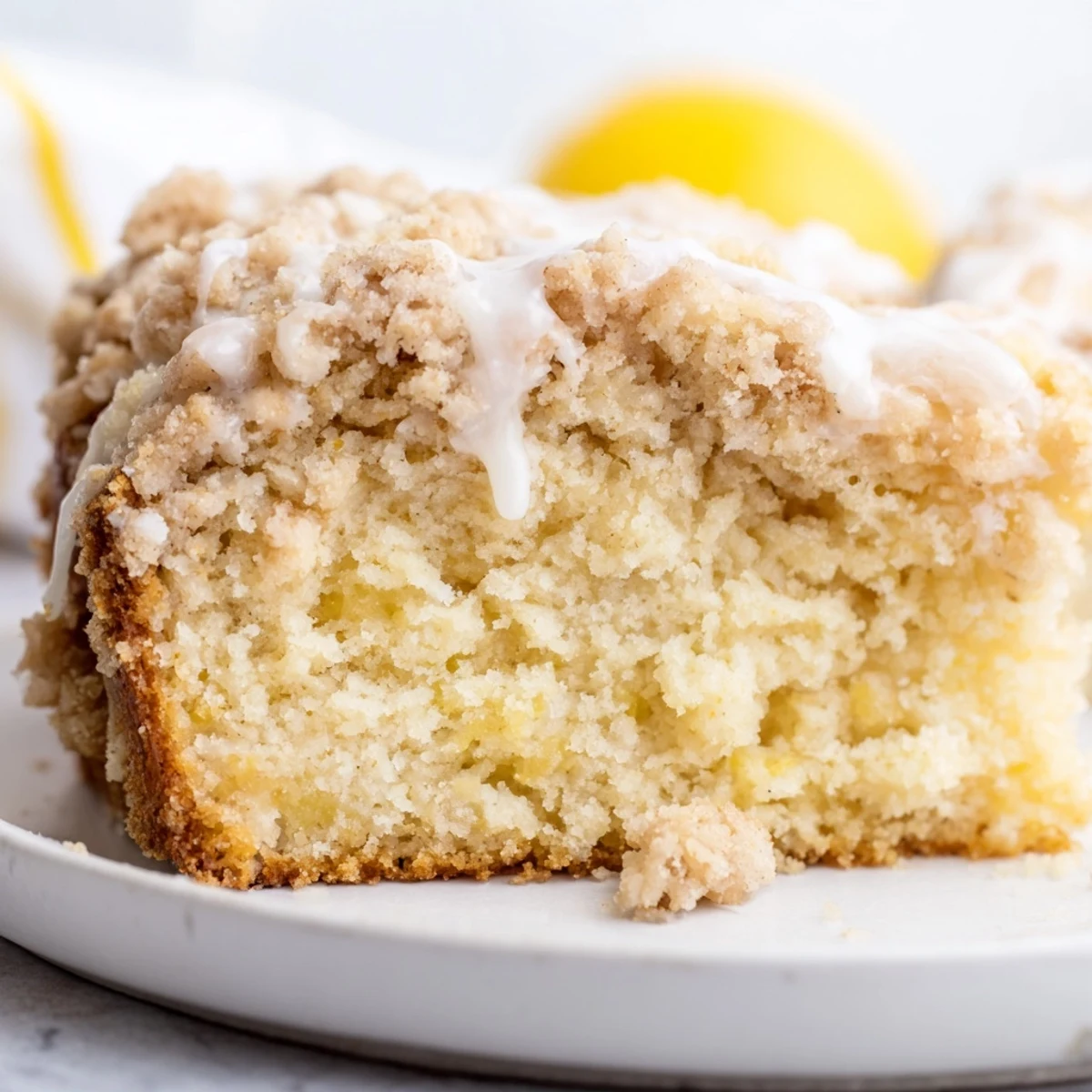 Close-up of a slice of Lemon Coffee Cake with Crumble, highlighting the buttery streusel and a light lemon glaze. A fork rests beside it on a rustic plate.
