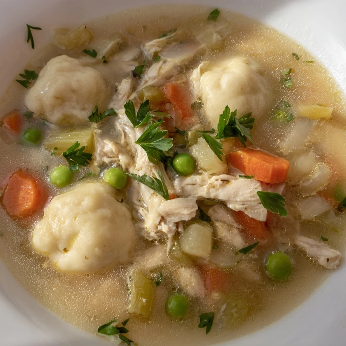 Hearty chicken soup with dumplings steaming in a white bowl, garnished with fresh parsley.