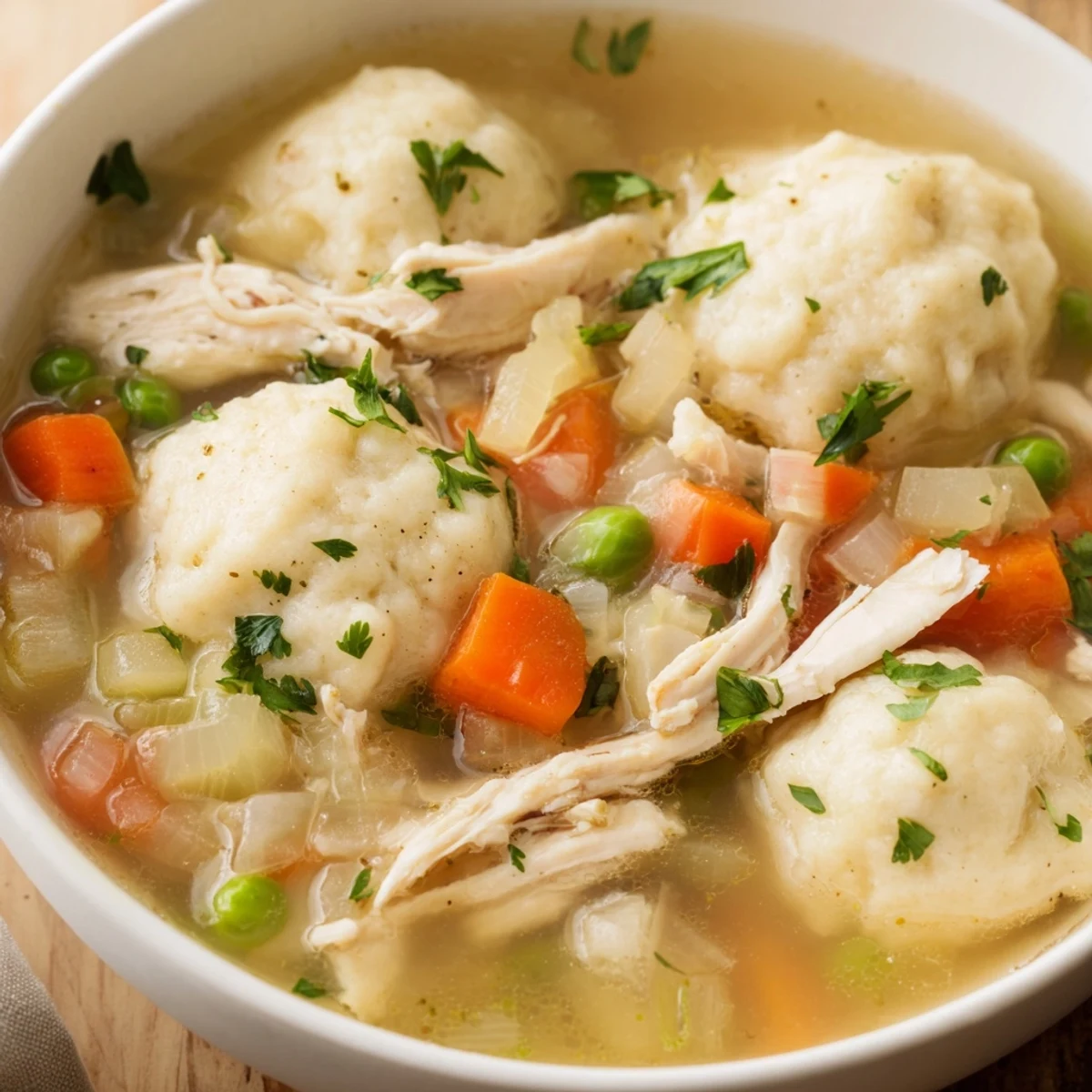 Comforting homemade chicken soup with dumplings, served hot and ready for a family dinner.