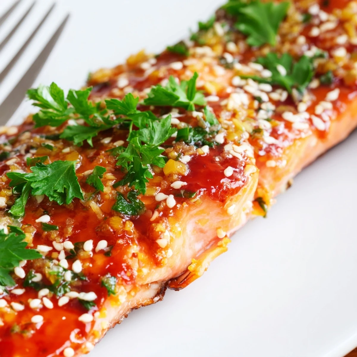 Overhead view of a healthy Baked Salmon with Honey Garlic Glaze served alongside roasted vegetables and fluffy quinoa for dinner.