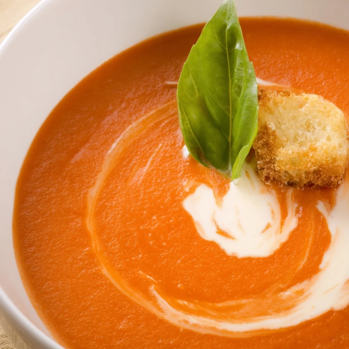 Creamy Tomato Bisque with a swirl of heavy cream and fresh basil garnish in a rustic bowl.