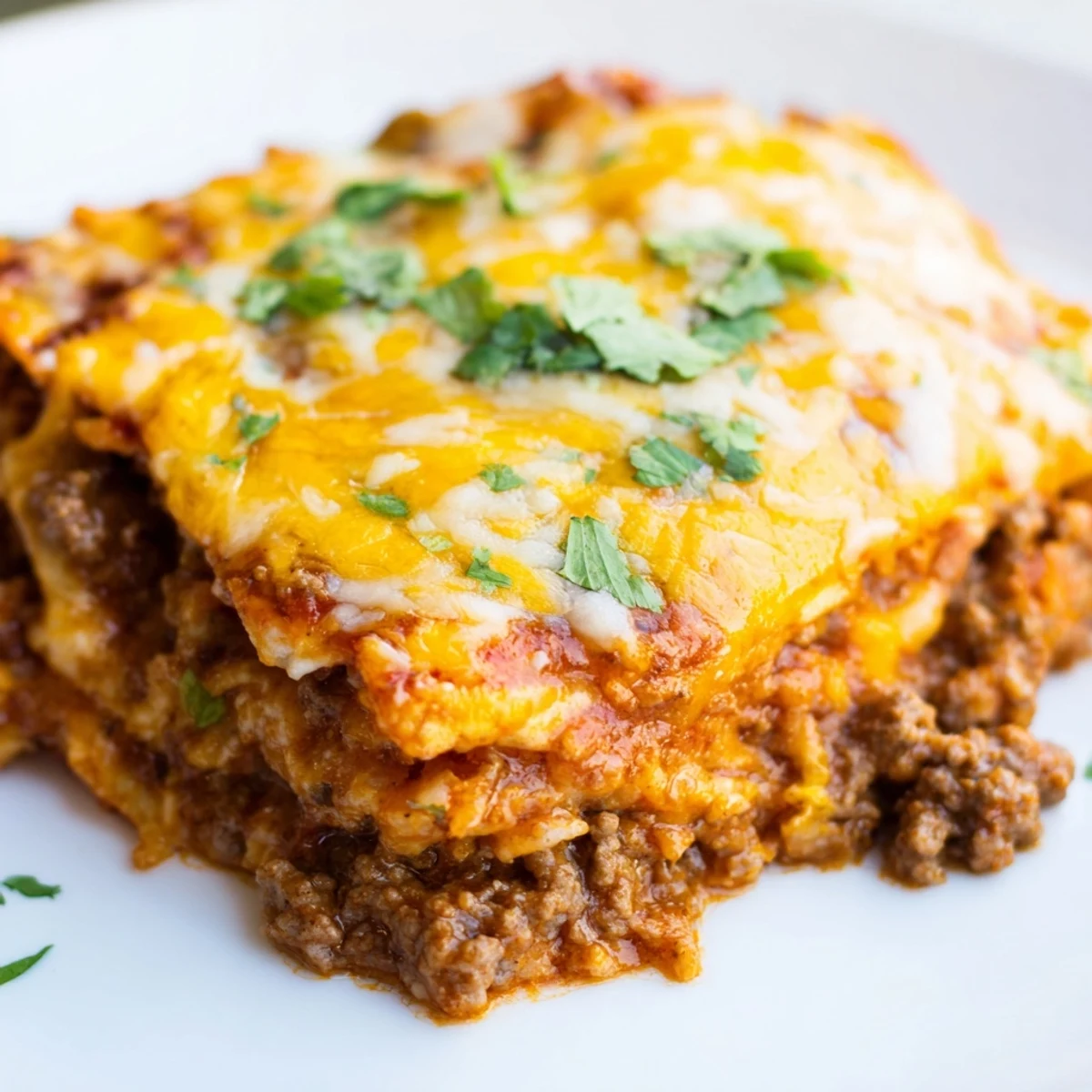 A close-up of a freshly baked Beef Enchilada Casserole slice on a white plate, garnished with cilantro.