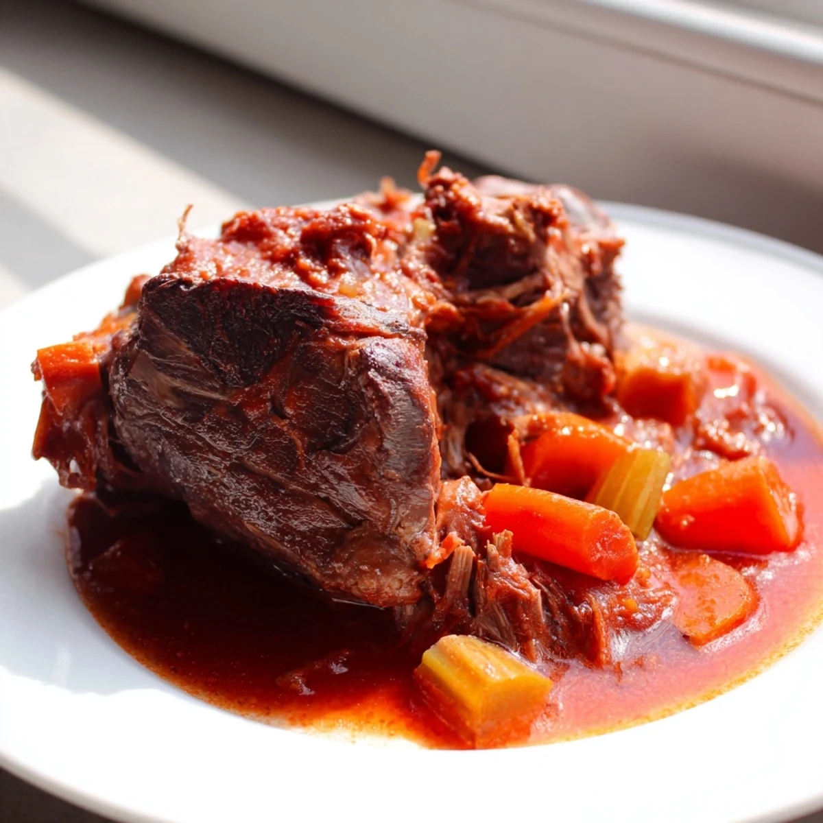 Fork-tender Slow Cooked Beef Shank with Rosemary and Thyme braised in a rich red wine jus.