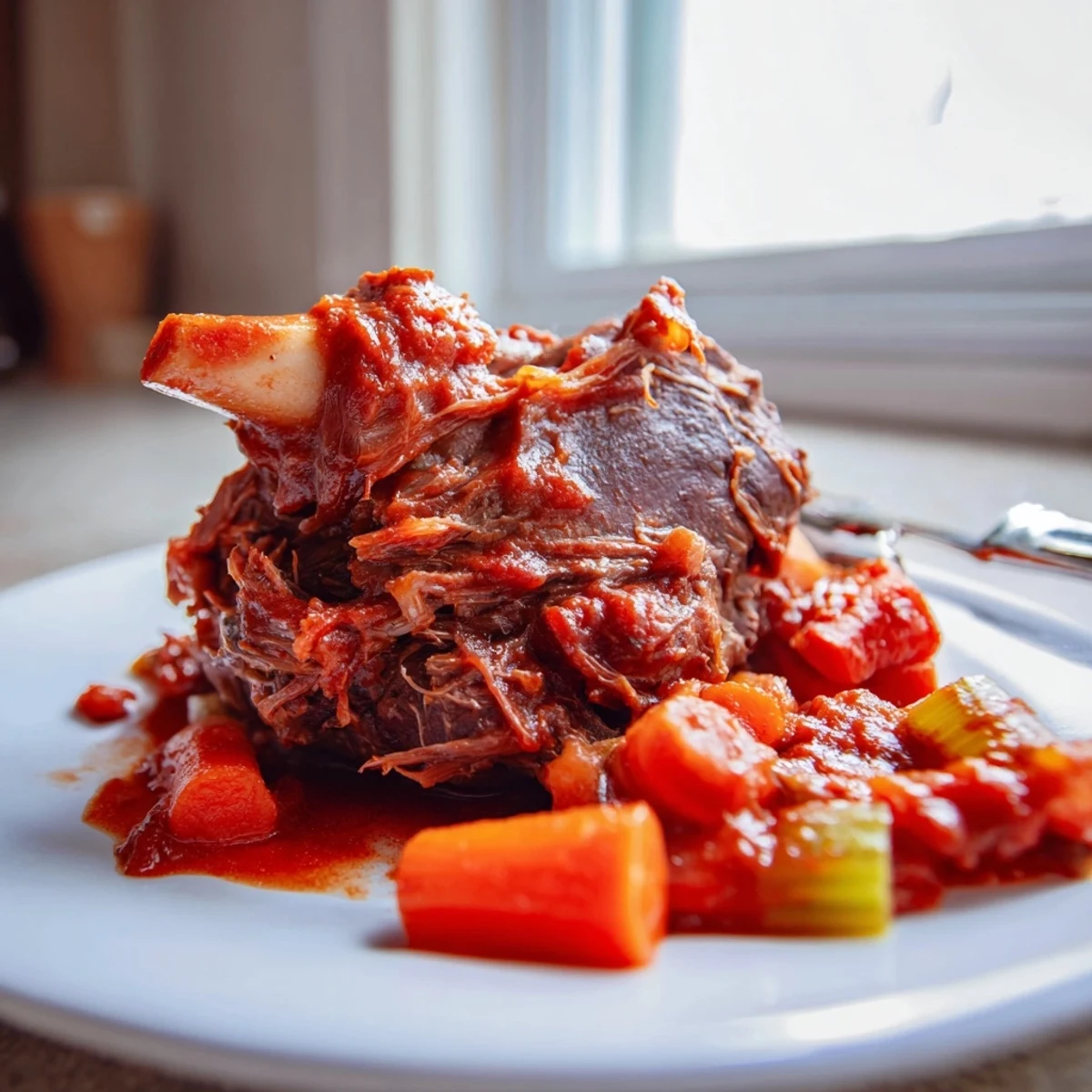 A rustic Slow Cooked Beef Shank with Rosemary and Thyme with fall-apart meat in a Dutch oven.