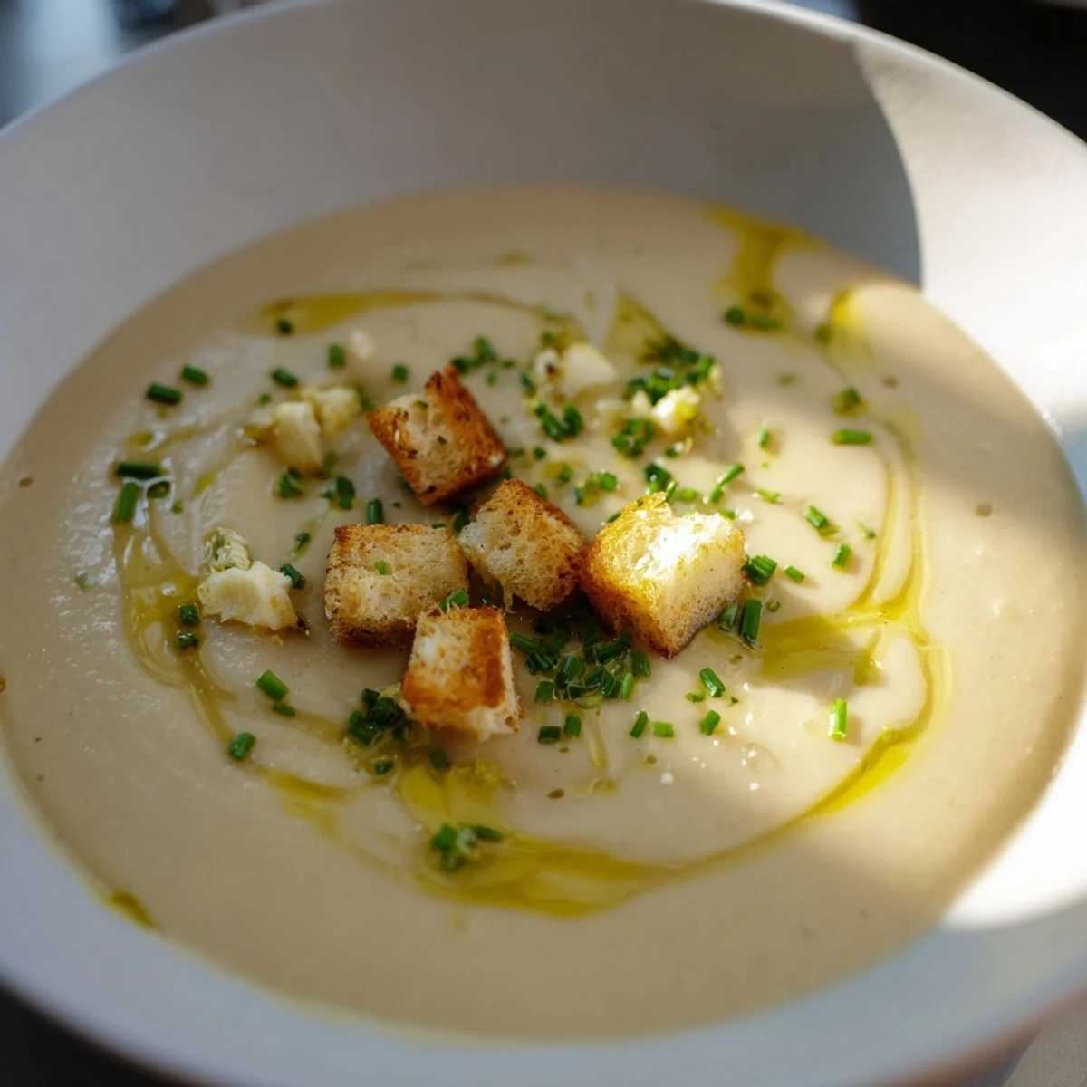 A spoon dips into a creamy roasted Jerusalem artichoke soup next to crusty bread.