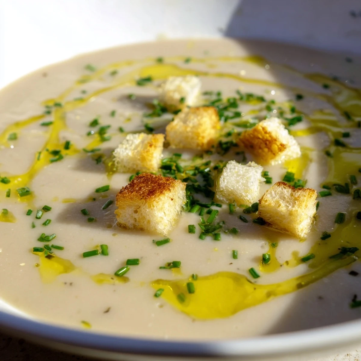 Garnished bowl of creamy roasted Jerusalem artichoke soup with a drizzle of olive oil.