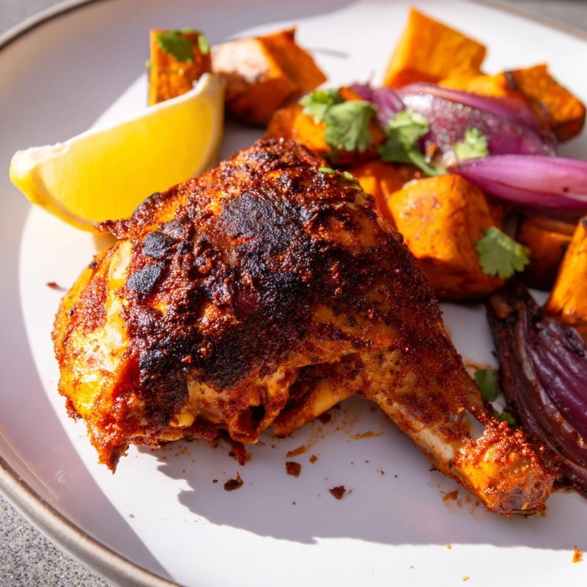 Golden, crispy-skinned Sheet Pan Harissa Chicken thighs sit beside tender, caramelized sweet potato cubes and roasted onions. 