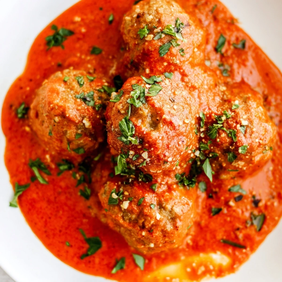 Turkey meatballs in roasted red pepper sauce served over pasta, drizzled with extra creamy sauce.
