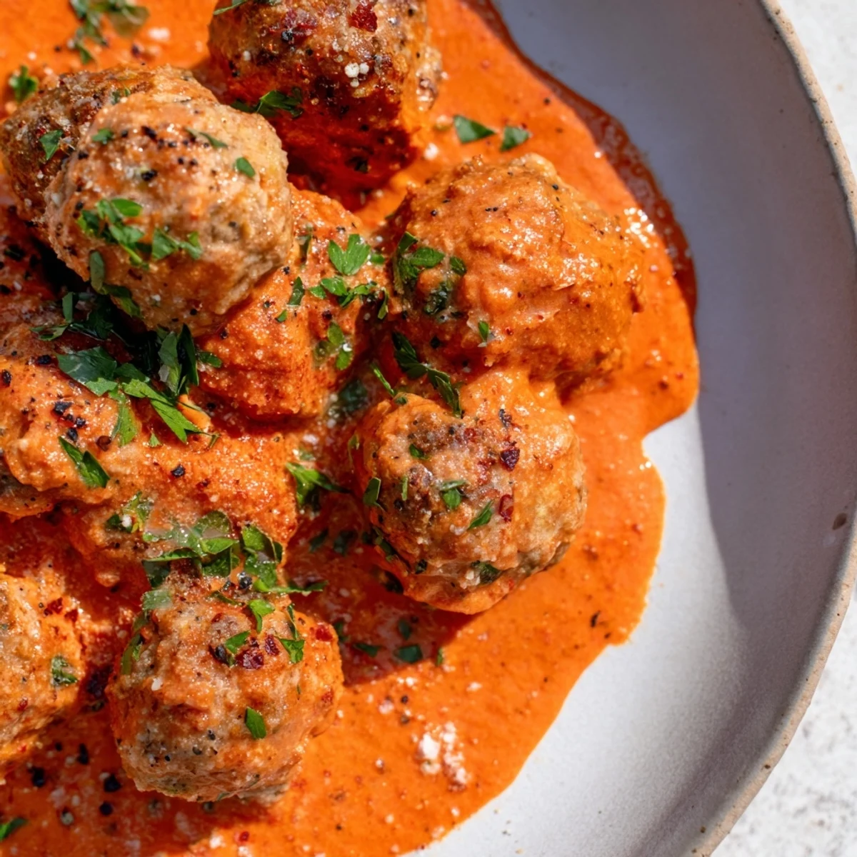 Golden-baked turkey meatballs resting in a creamy roasted red pepper sauce, garnished with fresh parsley.