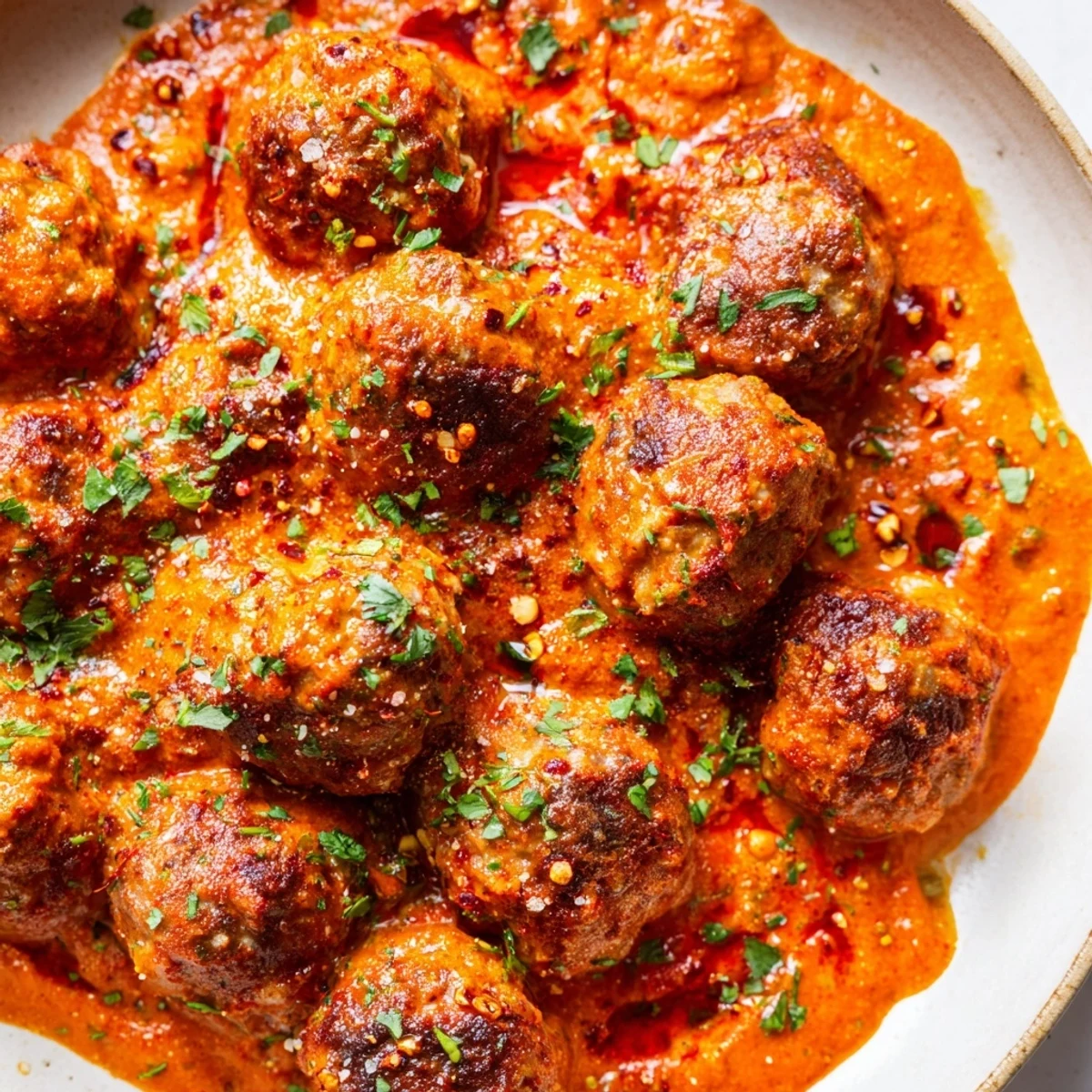 Close-up of turkey meatballs in roasted red pepper sauce with basil, steaming on a rustic plate.