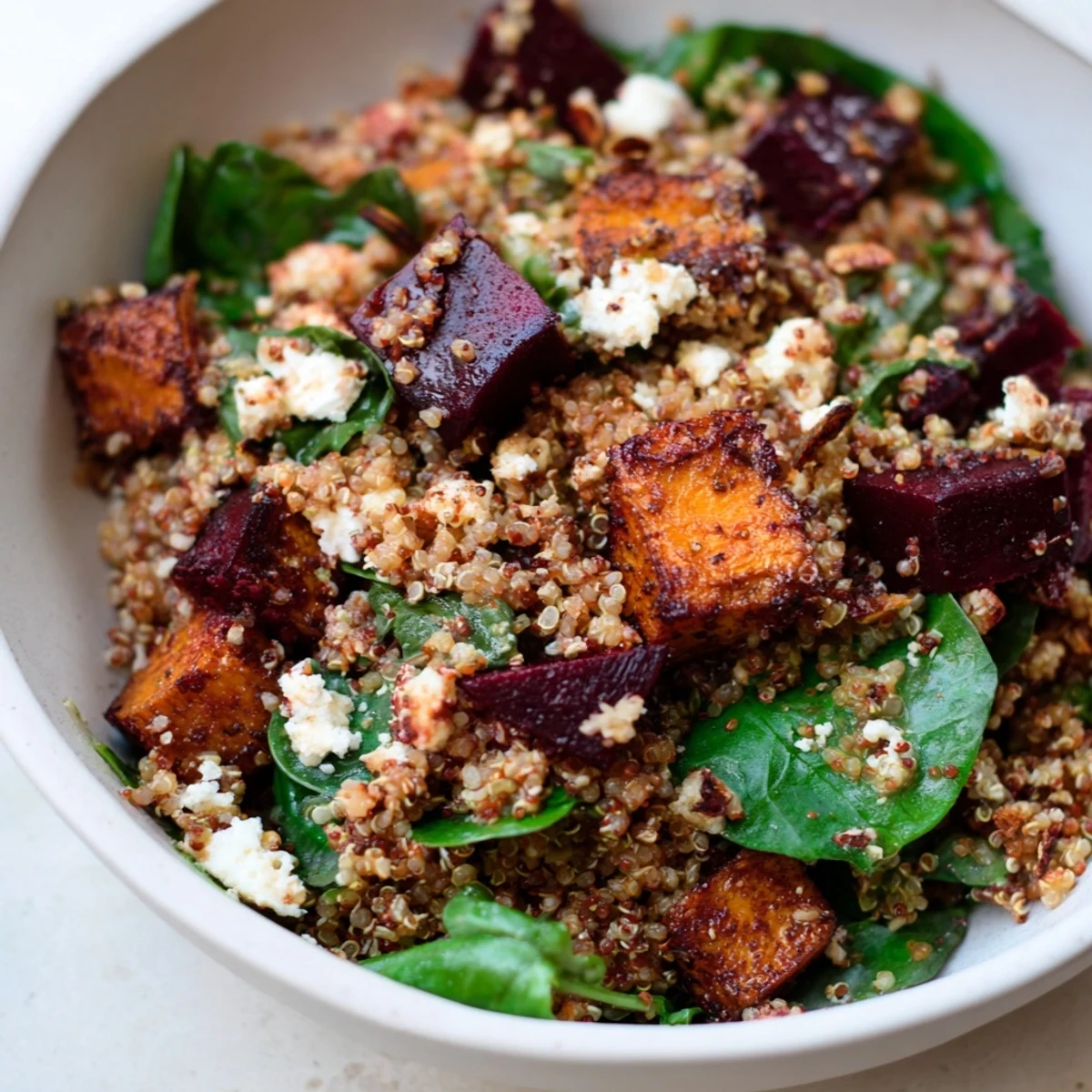 Vibrant vegetarian dinner of Warm Spiced Quinoa Salad with Roasted Beets, served in a ceramic bowl with a glass of white wine.