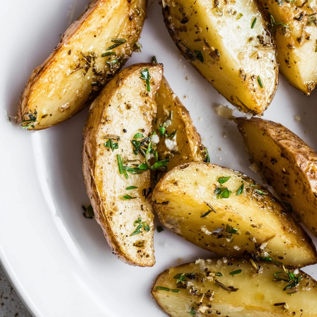 Crispy, golden Garlic Herb Roasted Fingerling Potatoes with fresh rosemary and thyme on a rustic platter.
