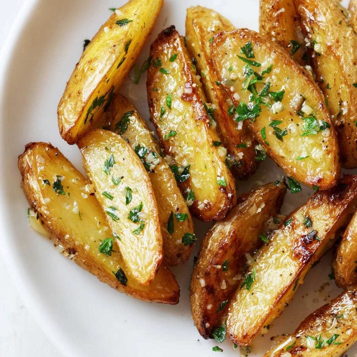 A side dish of Garlic Herb Roasted Fingerling Potatoes with minced garlic and parsley for flavor.