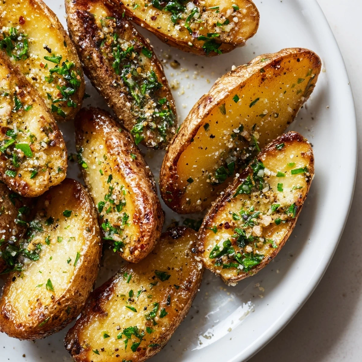 Freshly roasted Garlic Herb Roasted Fingerling Potatoes served warm alongside grilled chicken for a family dinner.