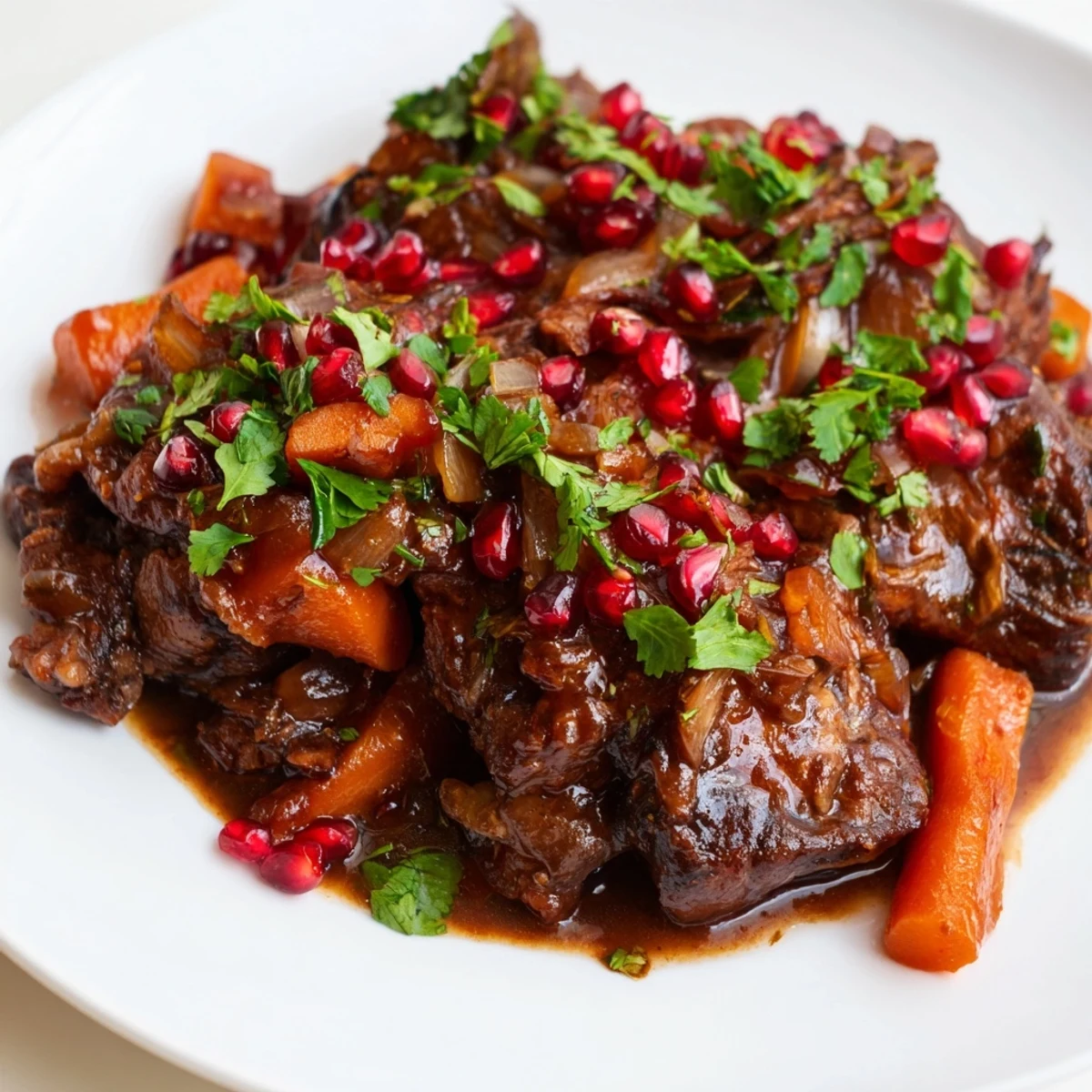 Golden Braised Lamb Shoulder with Pomegranate Molasses is garnished with jewel-like seeds and cilantro, ready to be served alongside warm flatbread for dipping.