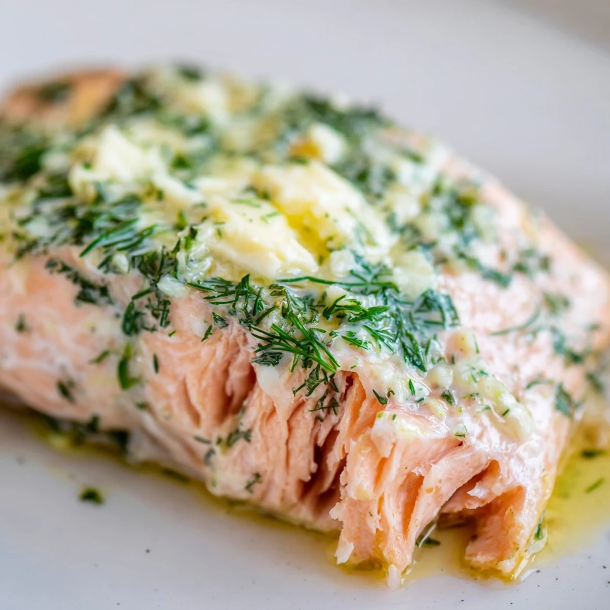 Perfectly baked salmon fillets glisten with garlic butter and creamy dill sauce, garnished with fresh lemon wedges. 