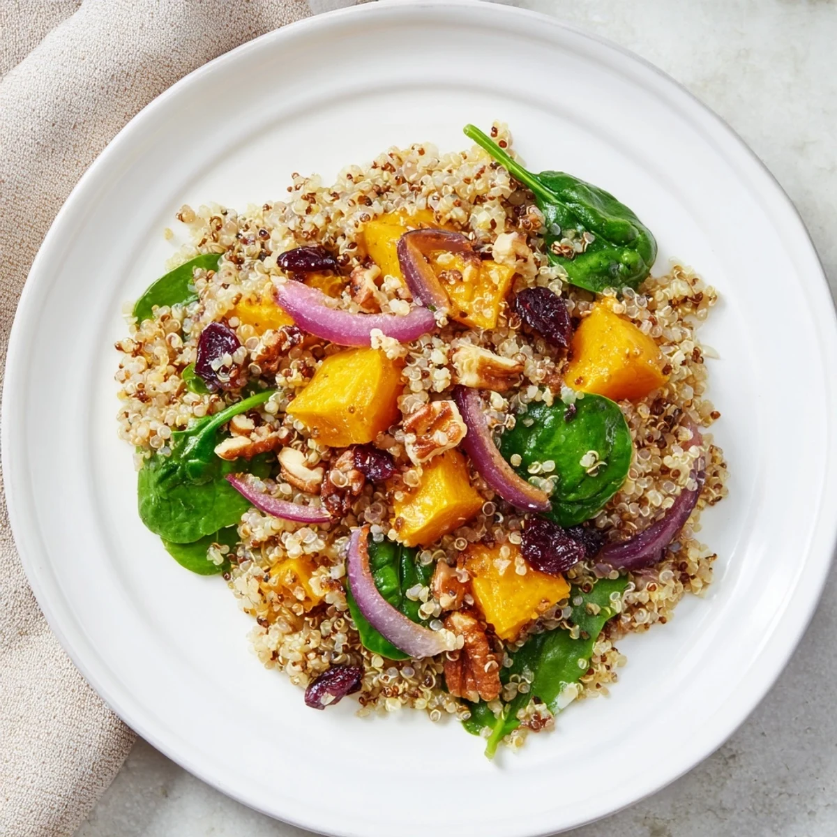 Healthy vegetarian quinoa salad with roasted squash, dried cranberries, and nuts served as a vibrant side dish.