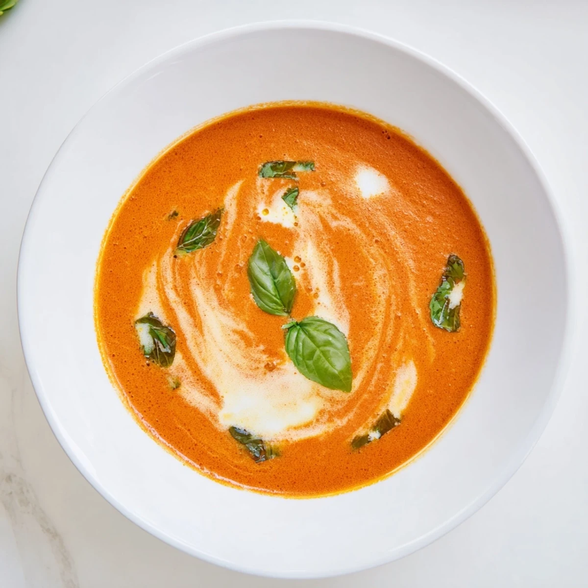 Creamy Tomato and Roasted Red Pepper Soup with Basil in a white bowl, garnished with fresh basil leaves and a swirl of cream.