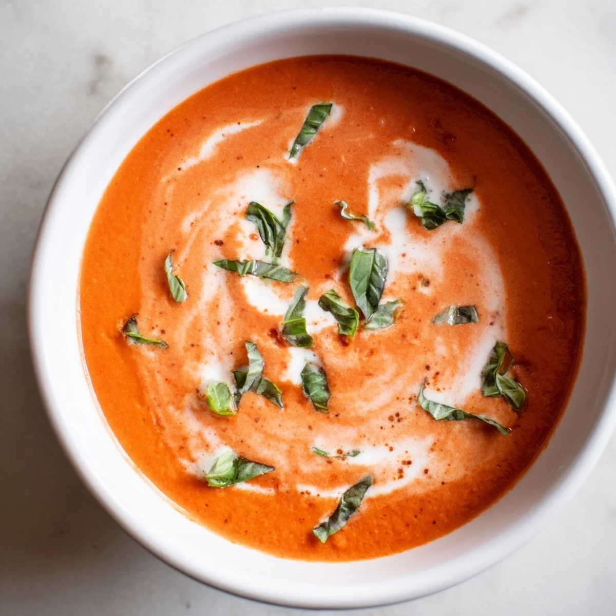 Vibrant red orange soup with a drizzle of olive oil, served alongside crusty artisan bread for dipping.