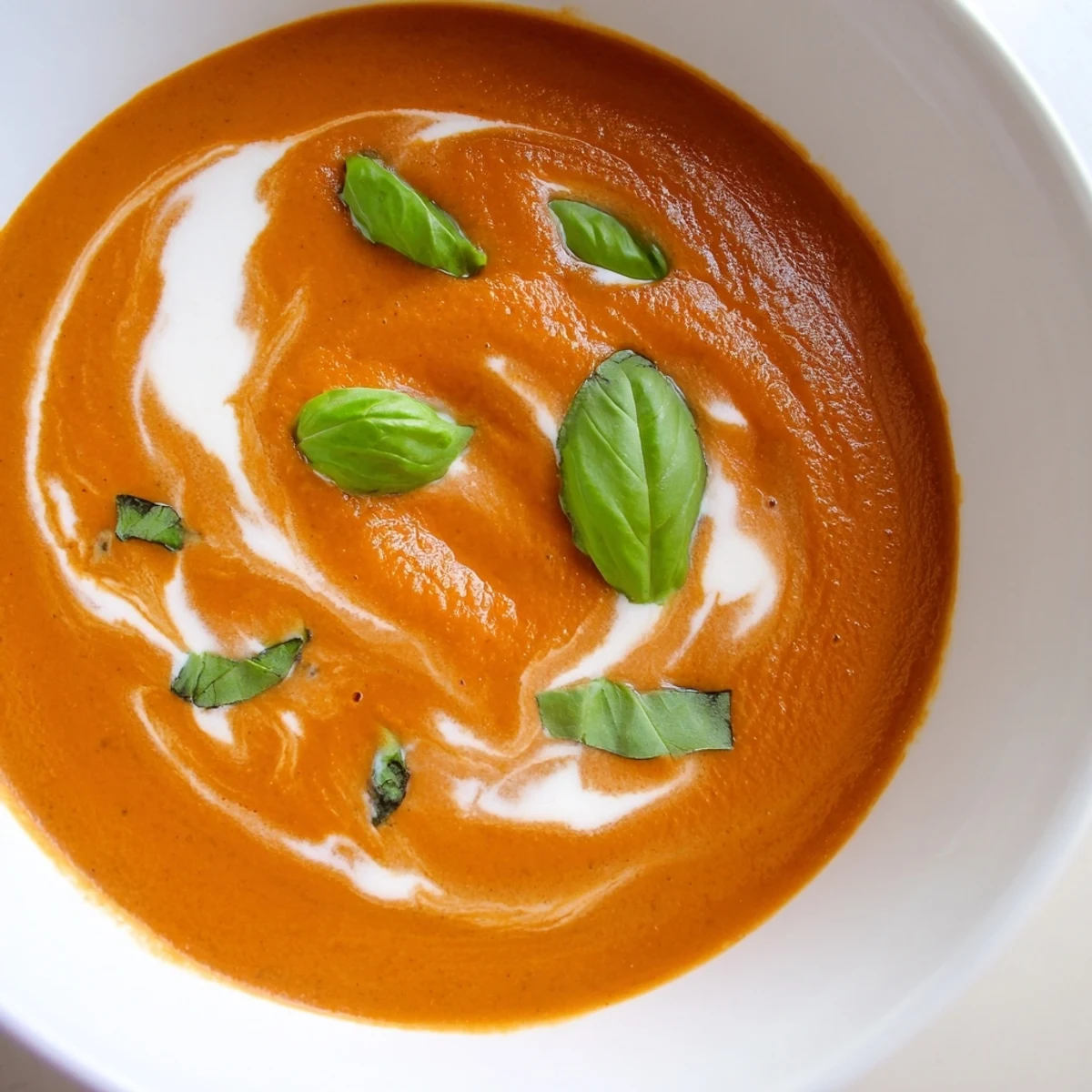 Steaming bowl of Creamy Tomato and Roasted Red Pepper Soup with Basil, topped with a sprinkle of smoked paprika.