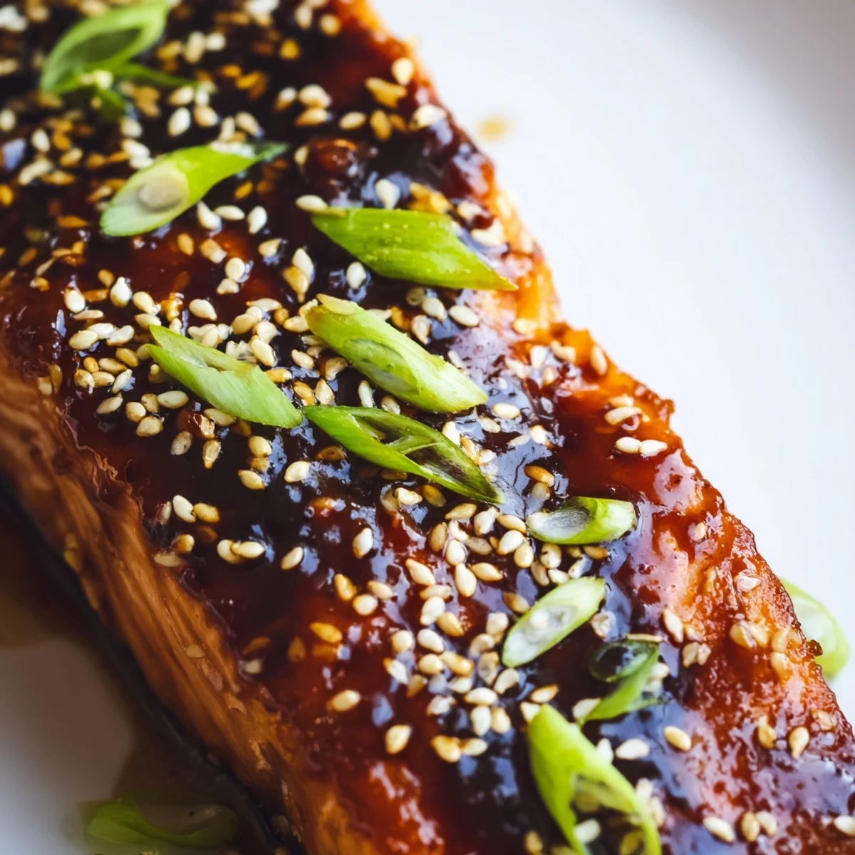 Juicy Baked Salmon with Teriyaki Glaze and Sesame Seeds fresh from the oven, garnished with green onions on a dark tray.