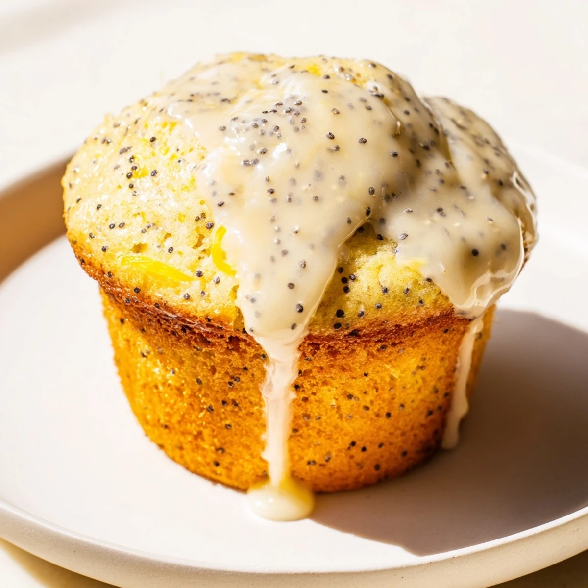 Freshly baked Lemon Poppy Seed Muffins with Lemon Glaze cooling on a wire rack, showcasing moist crumb and shiny citrus topping.