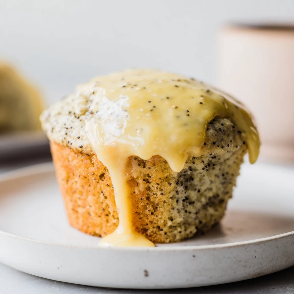 Golden Lemon Poppy Seed Muffins with Lemon Glaze arranged in a muffin tin, ready for breakfast with a cup of coffee.