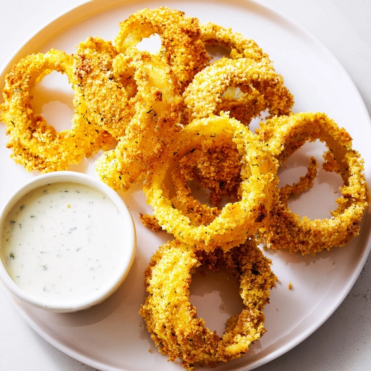 Golden Crispy Baked Onion Rings with Ranch Dressing stacked high, paired with creamy dressing for a delicious appetizer or snack.