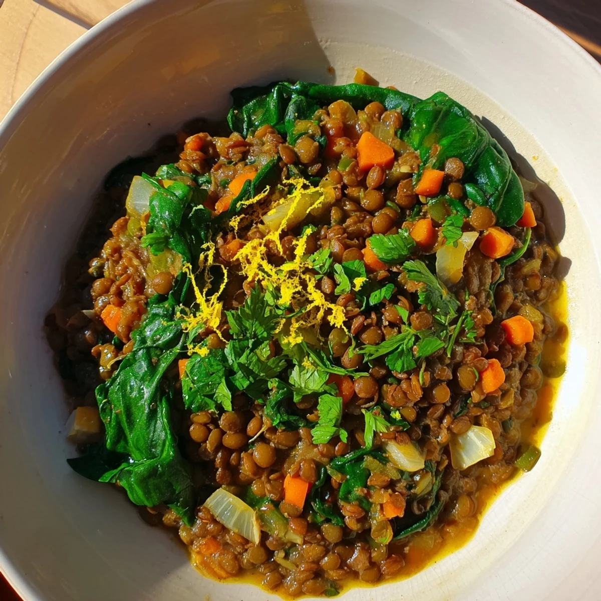 Close-up shot of Spiced Lentil and Spinach Stew with Lemon in a rustic bowl, showing vibrant spinach and diced carrots.