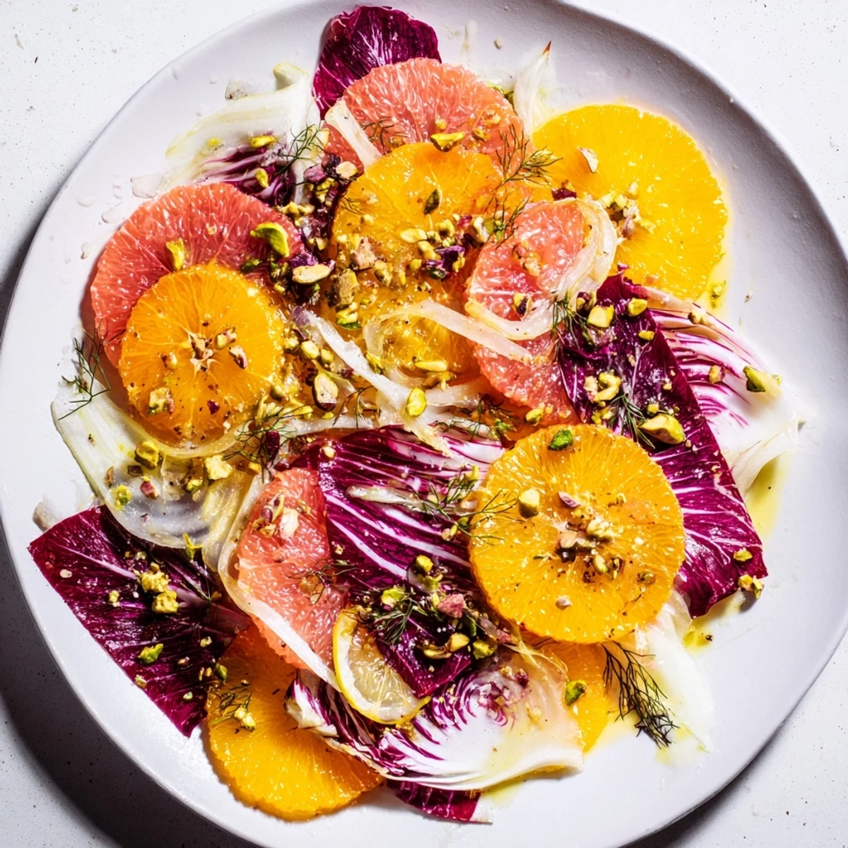 Overhead view of Winter Citrus Salad with Radicchio and Fennel, a colorful mix of purple greens and citrus served in a white bowl.