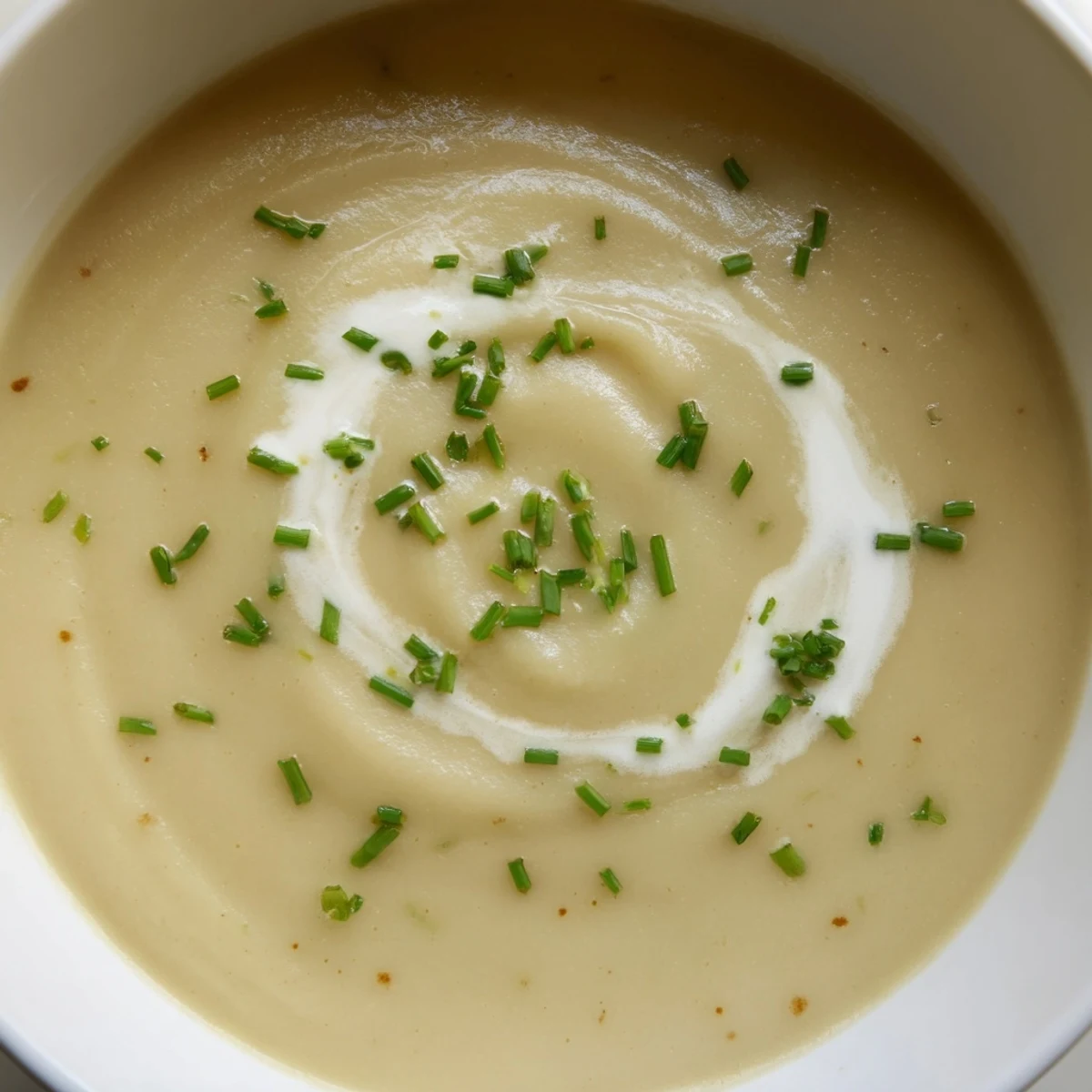 Golden roasted parsnip and garlic soup with a swirl of cream and fresh chives in a rustic bowl.
