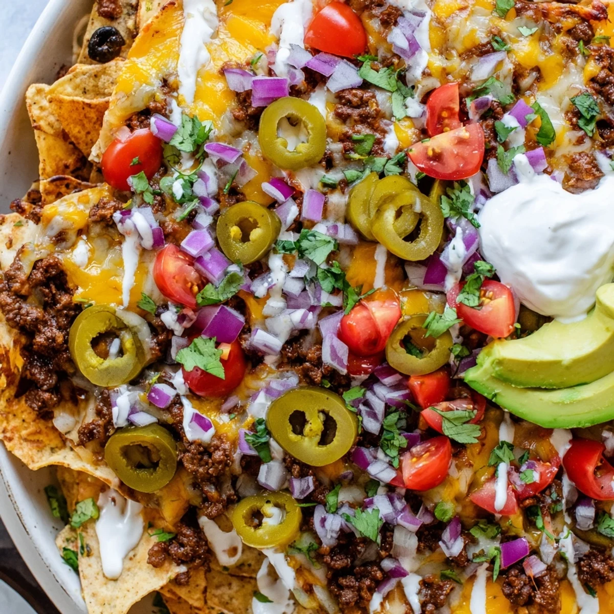 Crispy tortilla chips piled high with spicy ground beef, melted cheddar and Monterey Jack, and fresh toppings for Super Bowl Spicy Beef Nachos Supreme.