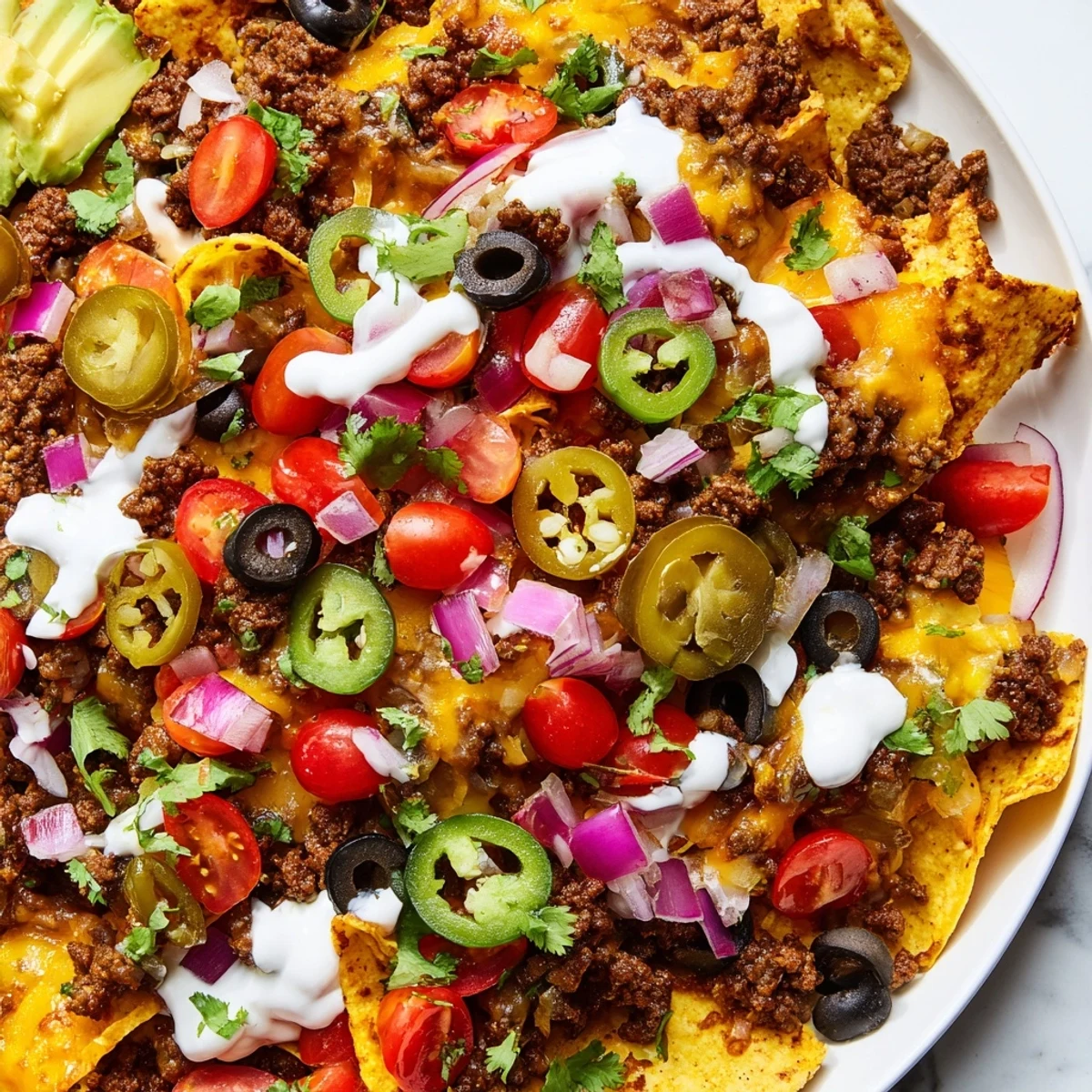 A close-up of bubbling cheese and vibrant jalapeños on a platter of Super Bowl Spicy Beef Nachos Supreme, ready for game day.