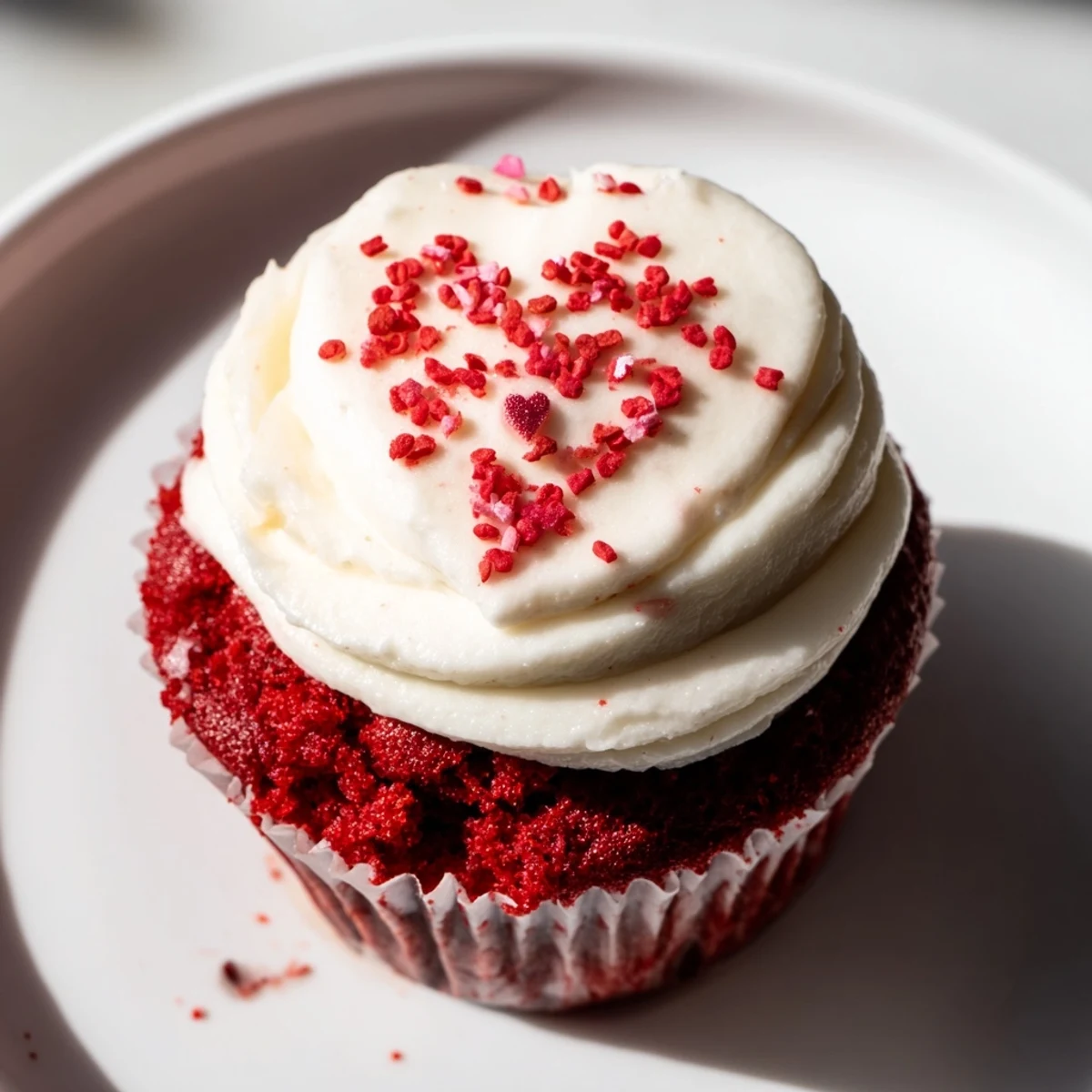 Valentine Red Velvet Cupcakes with smooth cream cheese frosting, served on a romantic dessert platter with a wine glass.