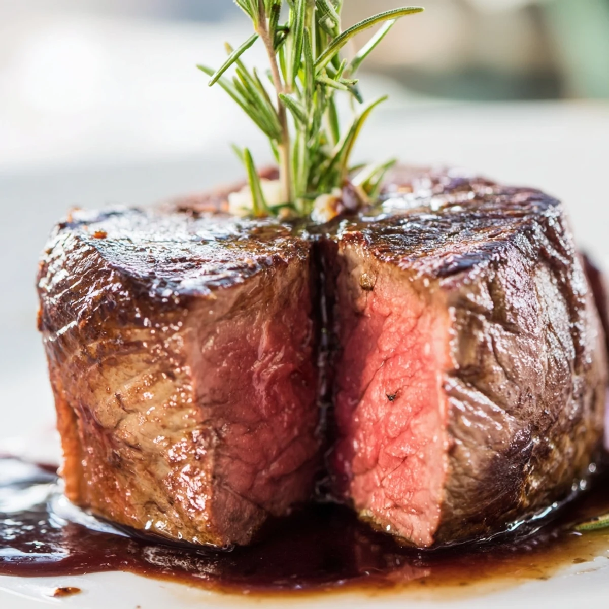 A perfectly seared Romantic Filet Mignon with Balsamic Reduction rests on a white plate, glistening with a glossy, dark sauce.  