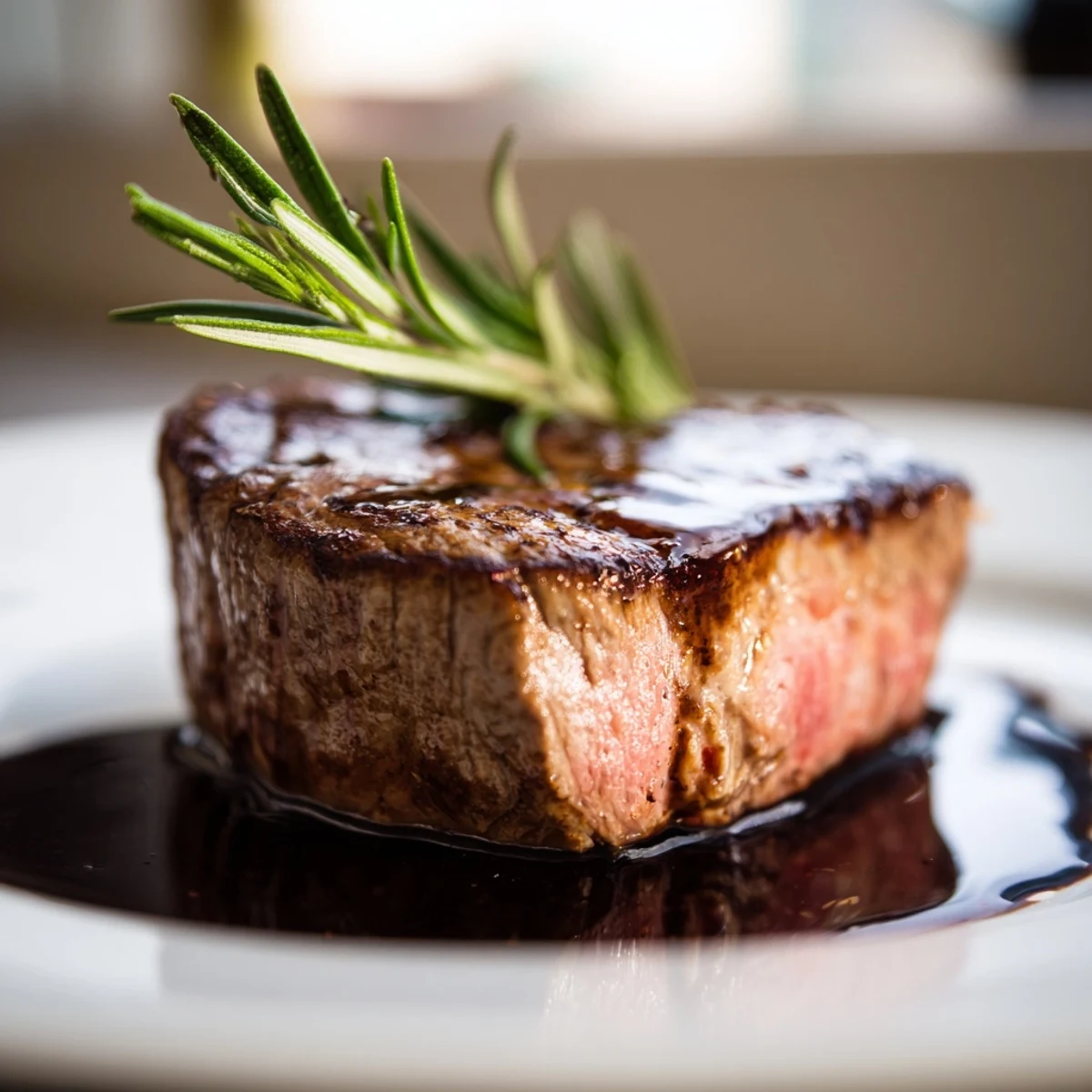 Juicy Romantic Filet Mignon with Balsamic Reduction served on a rustic wooden board, garnished with fresh rosemary and vibrant microgreens.  