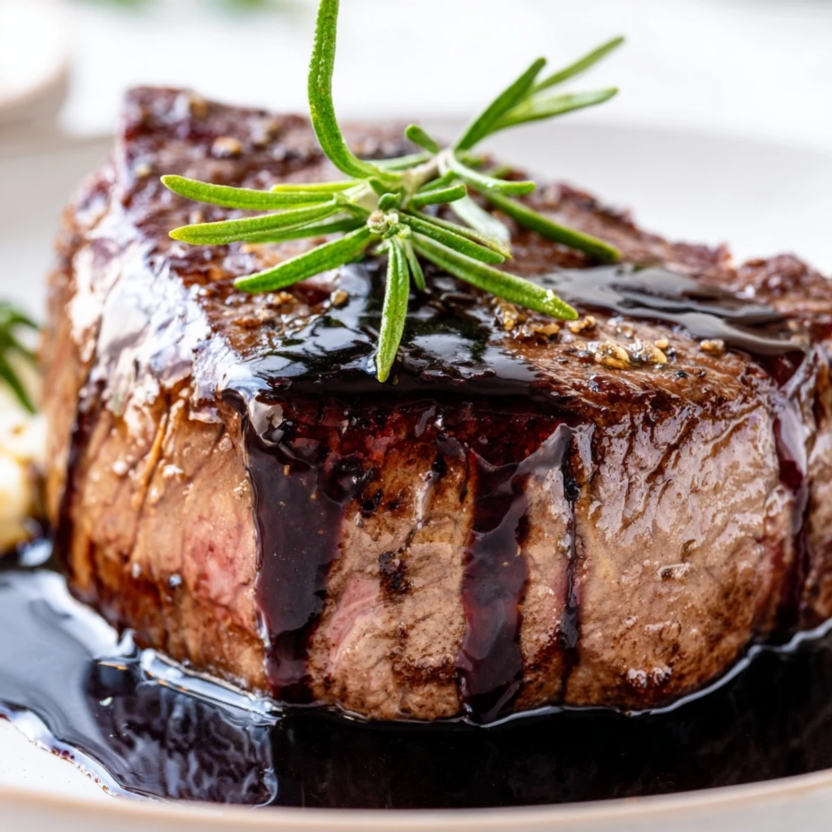 Tender pink-centered Romantic Filet Mignon with Balsamic Reduction, paired with roasted asparagus and potatoes for a romantic dinner.