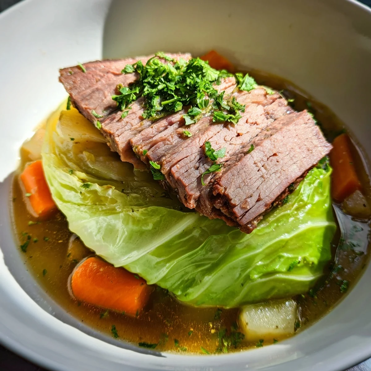 A platter of sliced halal corned beef and vegetables garnished with fresh parsley, perfect for a festive Irish-American celebration.  