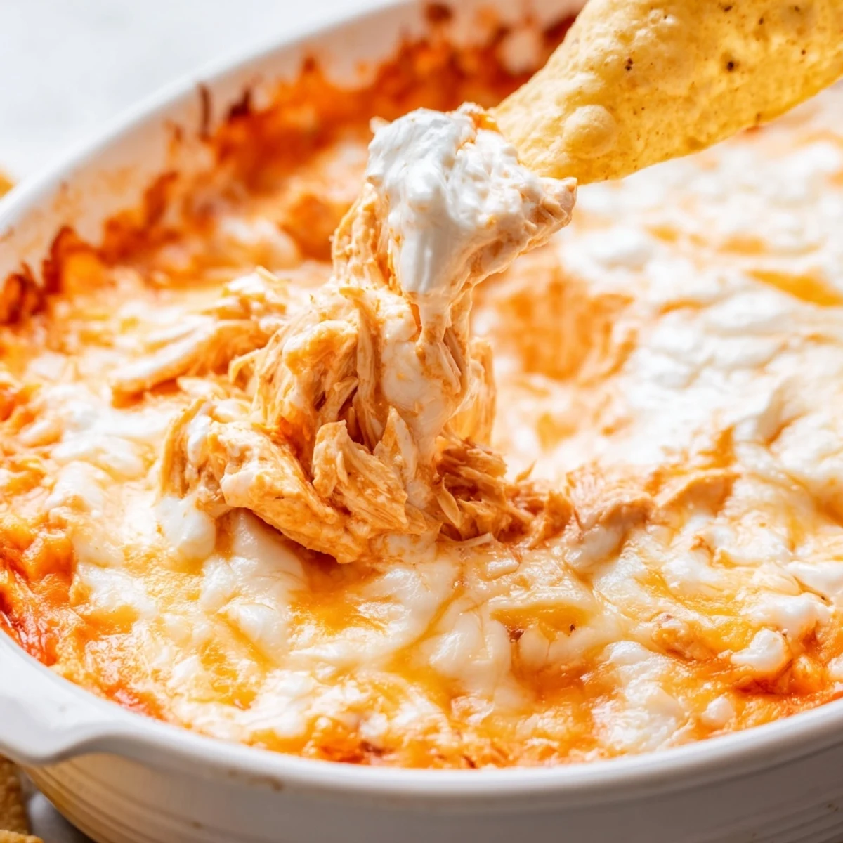 A close-up view of rich, spicy Game Day Buffalo Chicken Dip with a perfect cheese pull, paired with colorful tortilla chips on a wooden serving board.