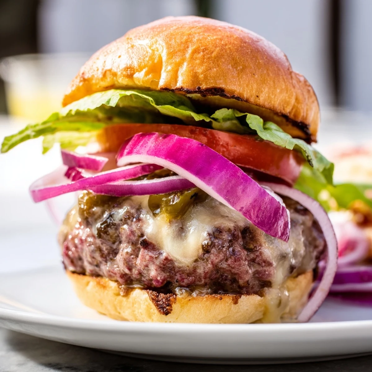 Homemade spicy jalapeño beef sliders garnished with pickled peppers and ready to serve with crispy potato chips.
