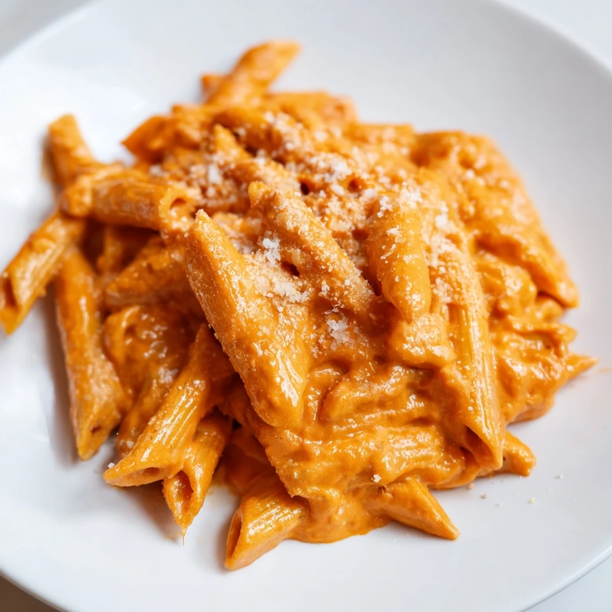 A plate of penne pasta drenched in creamy roasted red pepper sauce, topped with grated Parmesan.