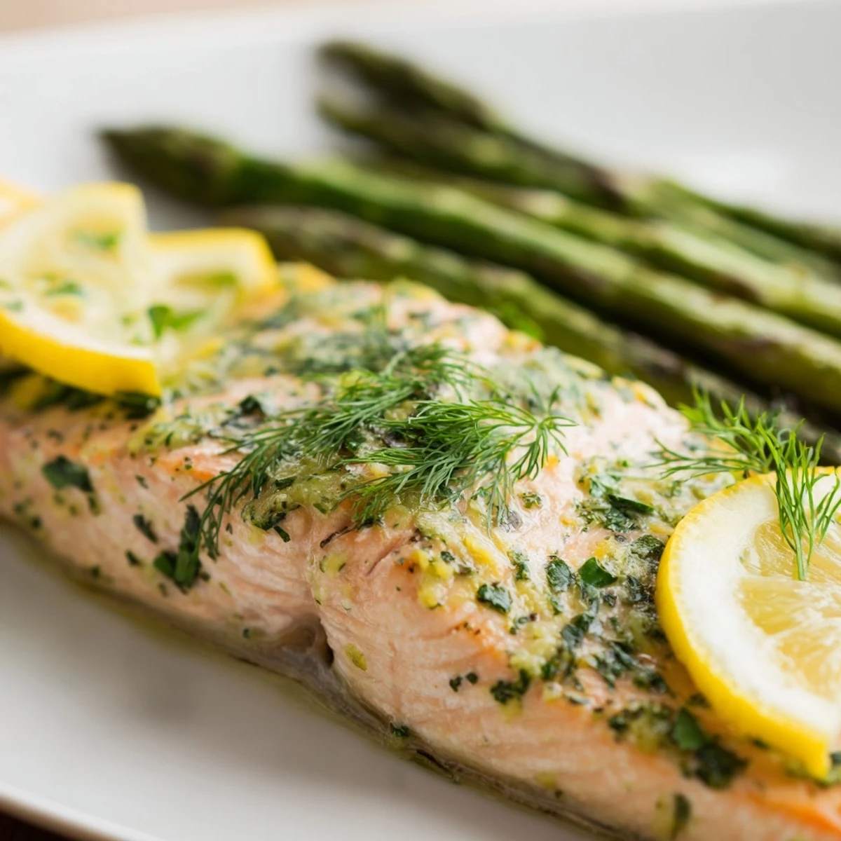 Close-up of tender Sheet Pan Lemon Herb Salmon and Asparagus, showing flaky pink fish and glistening olive oil, perfect for an easy weeknight meal.