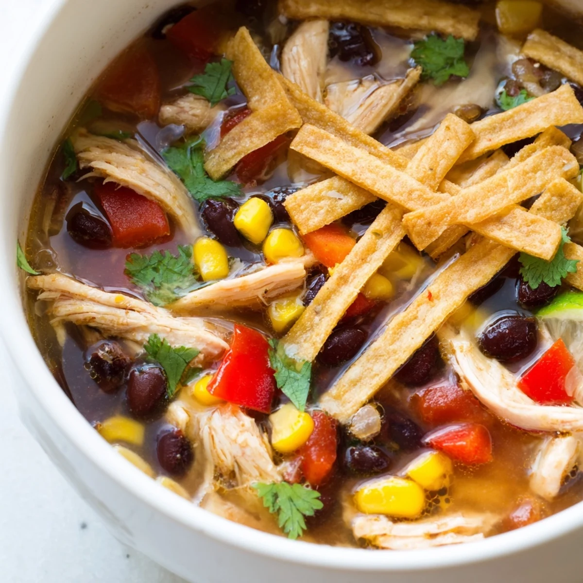 Slow Cooker Chicken Tortilla Soup with lime sits in a rustic bowl, topped with golden tortilla strips and fresh cilantro.