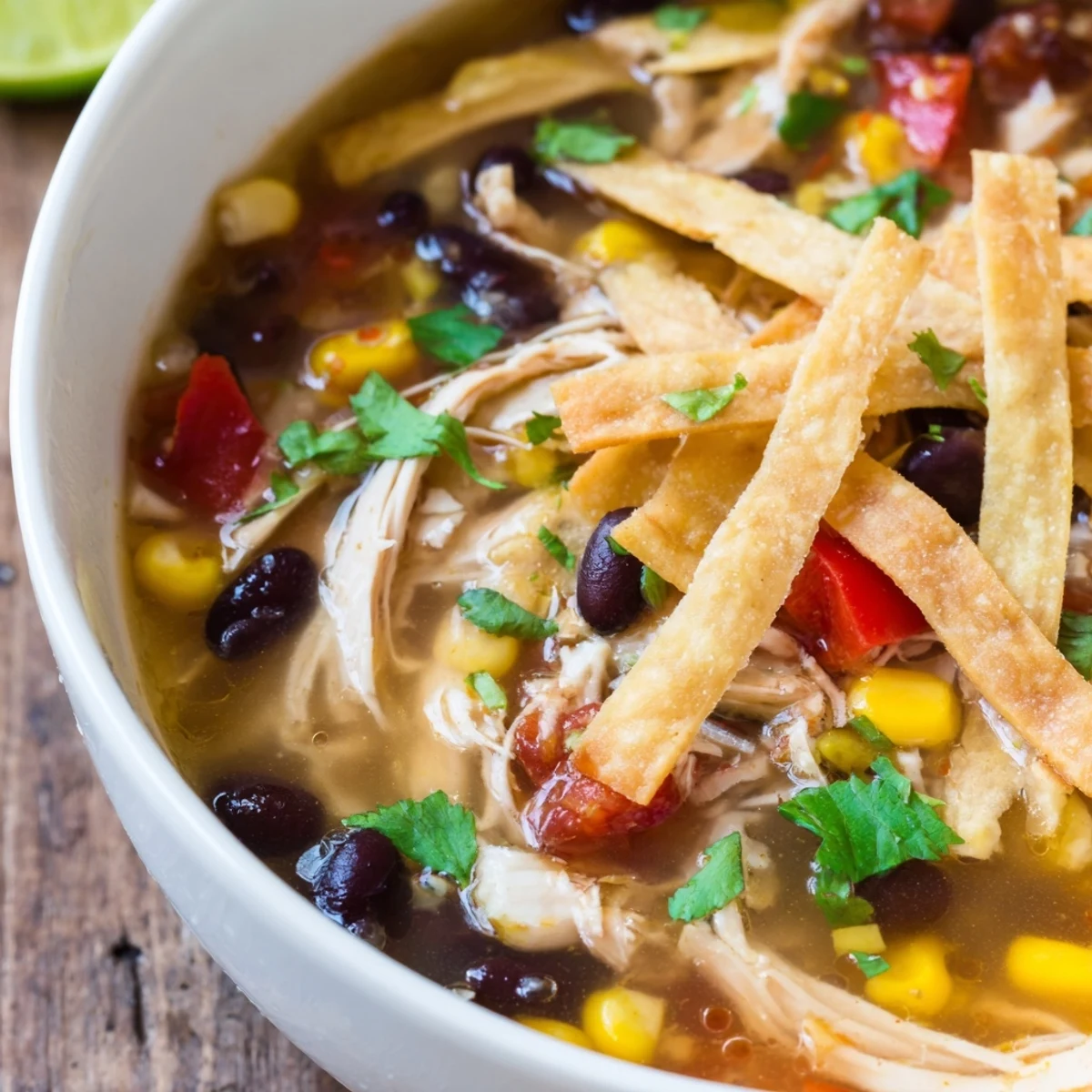 Slow Cooker Chicken Tortilla Soup served steaming hot with lime wedges, cilantro, and crispy tortilla strips on top.