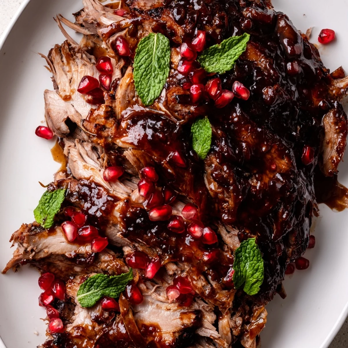 A tender, slow roasted lamb shoulder glistening with pomegranate molasses glaze, garnished with fresh mint and served with lemon wedges.