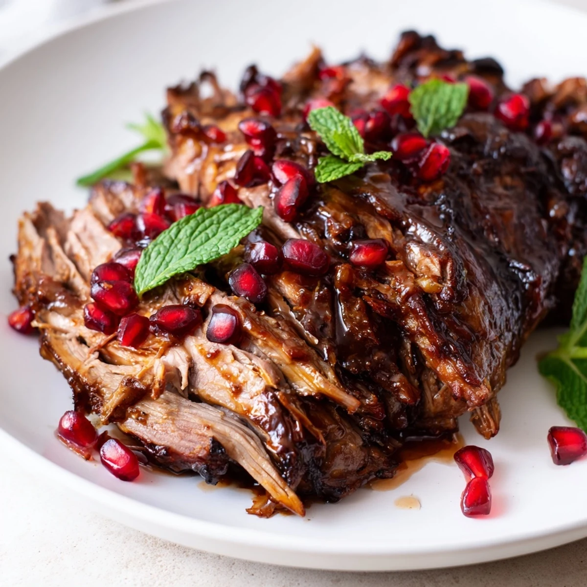 A rustic serving of slow roasted lamb shoulder, garnished with pomegranate seeds and fresh mint, perfect for a festive family dinner.