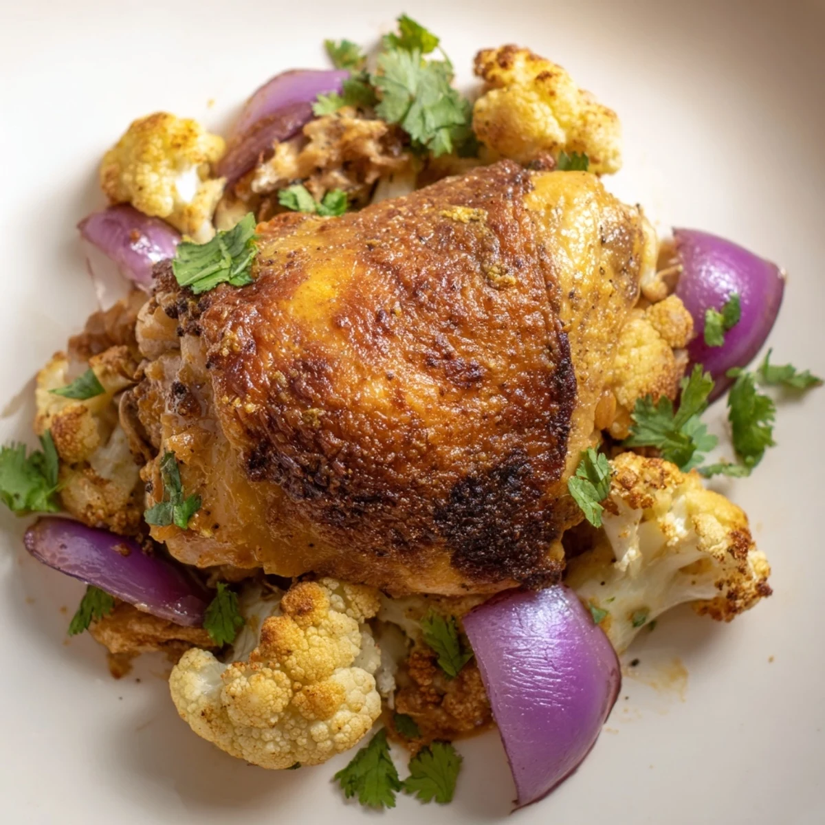 A close-up of Sheet Pan Turmeric Chicken with Cauliflower, golden chicken thighs and roasted florets glistening with oil and spices.