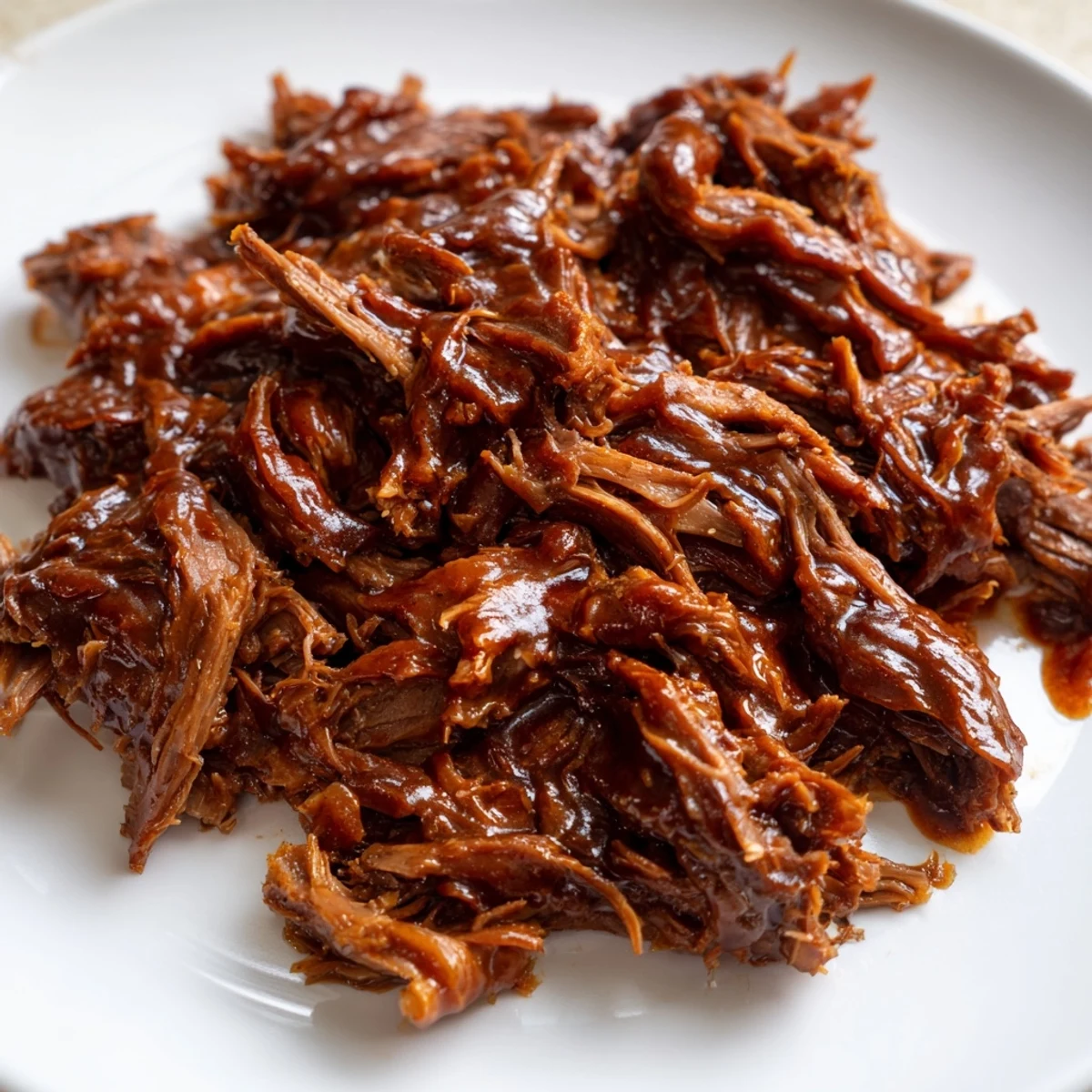 Shredded slow cooker beef brisket piled high on a toasted bun with creamy coleslaw, a classic American serving suggestion.  