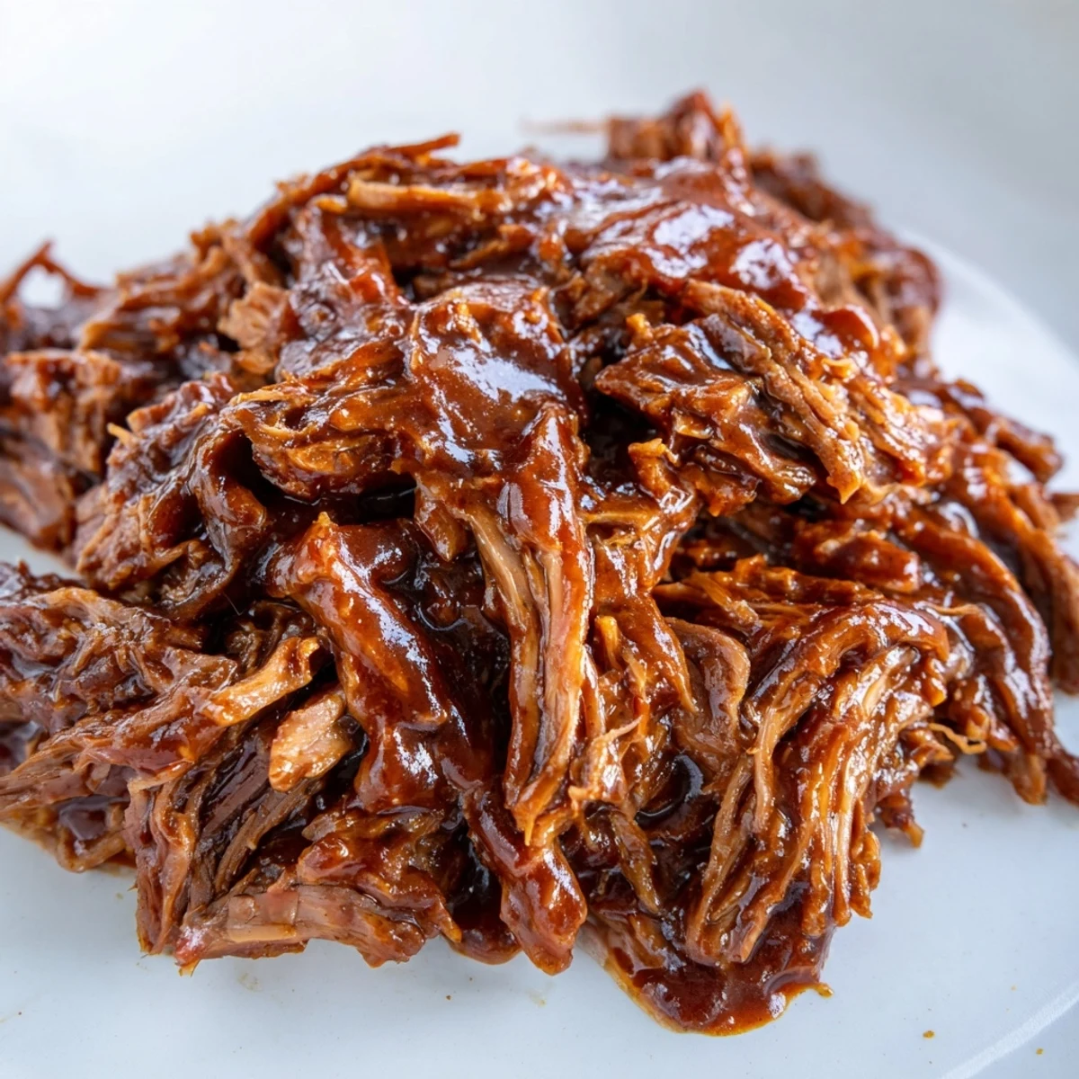 A fork effortlessly pulls apart the juicy slow cooker beef brisket, revealing its deep smoky flavor and tender texture.