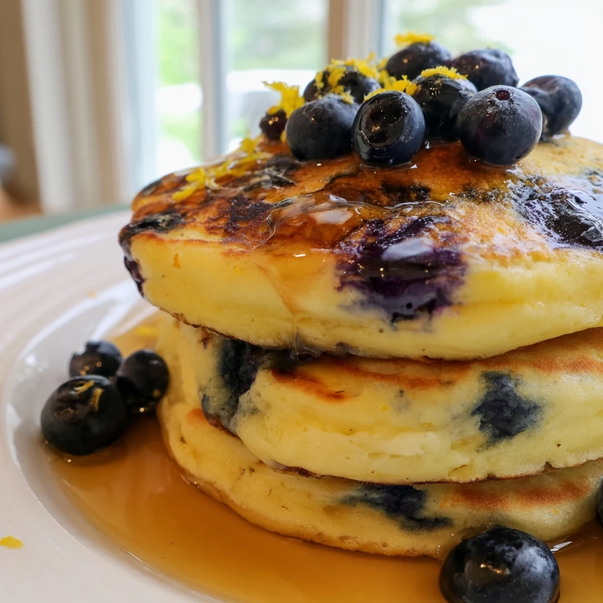 Golden-brown Lemon Blueberry Pancakes stacked high, drizzled with warm maple syrup and topped with fresh berries and a sprinkle of zest.